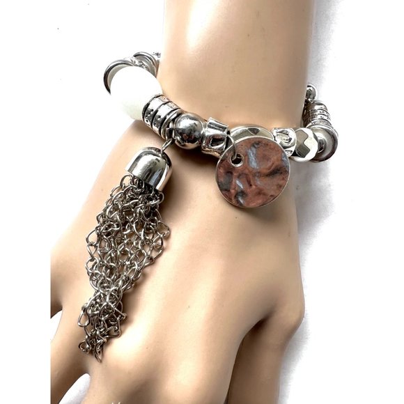 Silver Color Bracelet with Charms - Stretchable One Size Fits All Bracalet - Picture 2 of 5